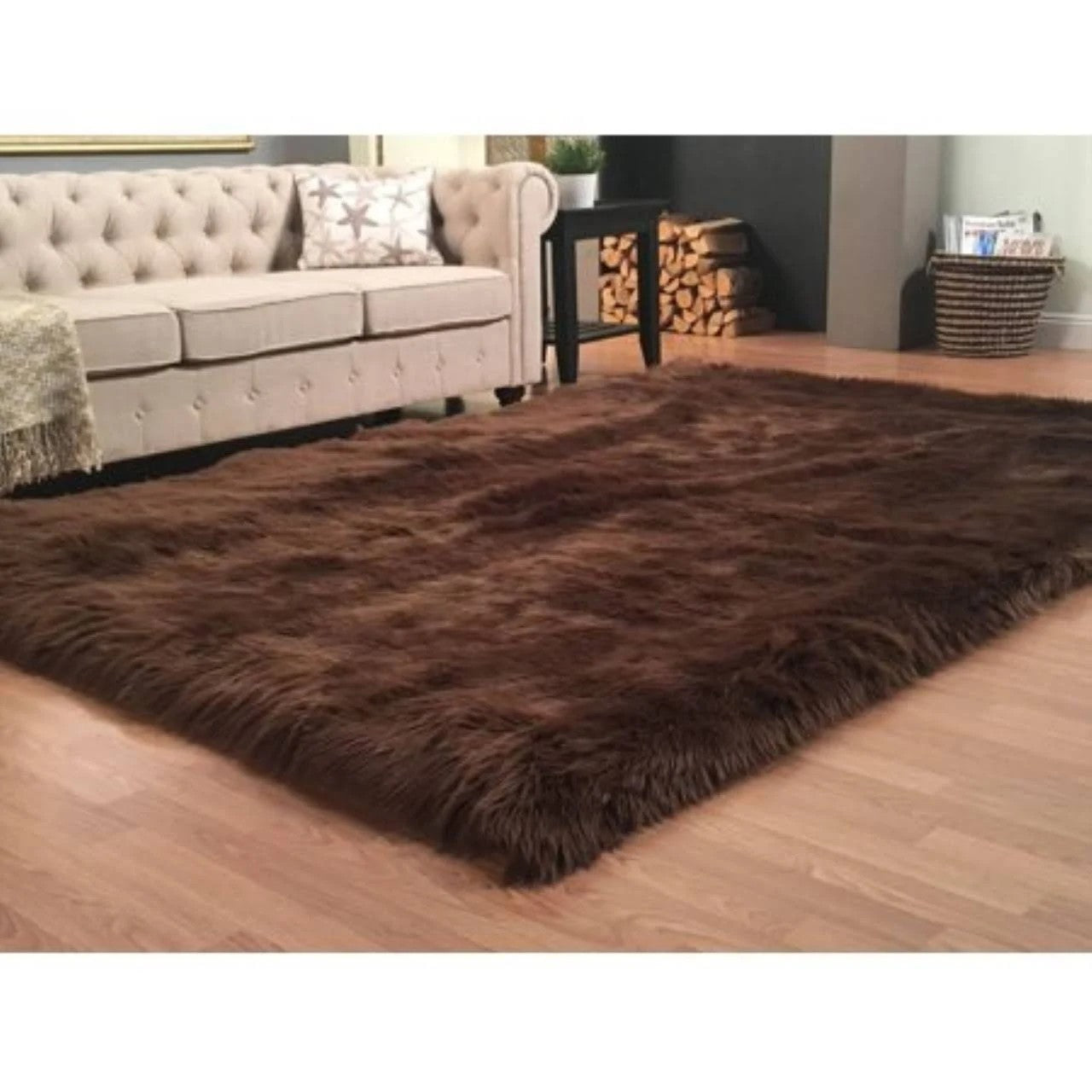 Super Soft Faux Sheepskin Silky Shag Rug Rectangular, Brown 8x11