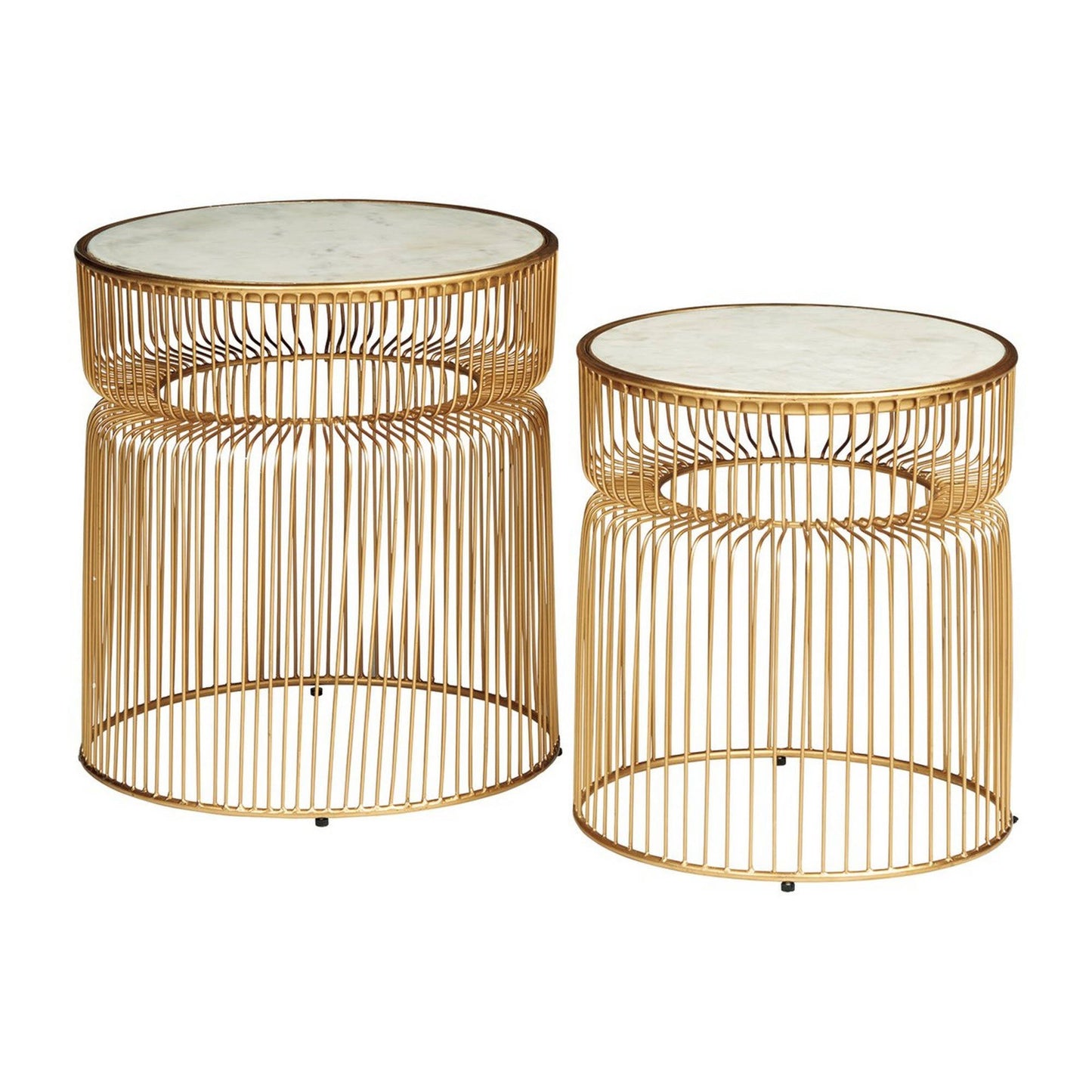 Benjara BM227110 Round Marble Top Accent Table with Metal Cage Design Base Gold - Set of 2