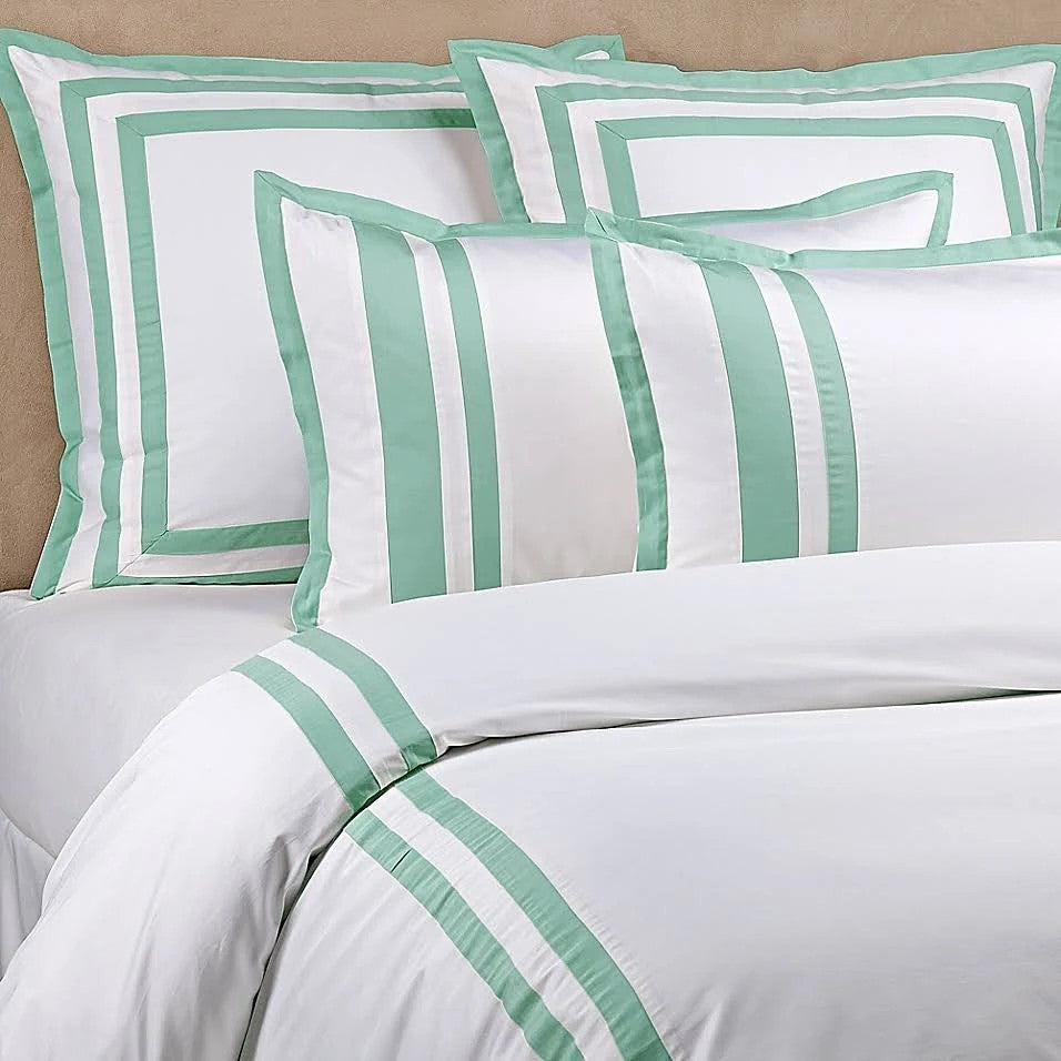 Wamsutta Hotel Border Micro Cotton Full/Queen Duvet Cover Set in White/Seaglass