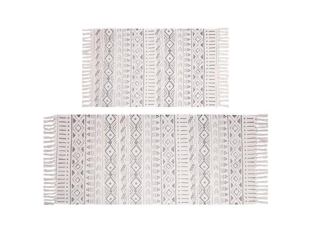 Pauwer Cotton Area Rug Set 2 Piece 4.2x2+3x2 Hand Woven Cotton Rugs with Tassel Washable Cotton Throw Rug Runner for Kitchen, Living Room, Bedroom