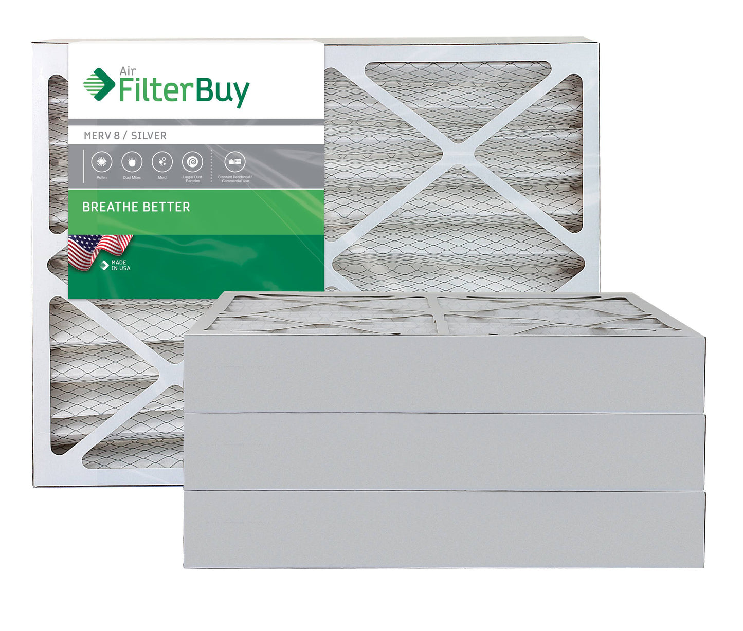 AFB Silver MERV 8 20x24x4 Pleated AC Furnace Air Filter. Pack of 4 Filters. 100% produced in The USA.