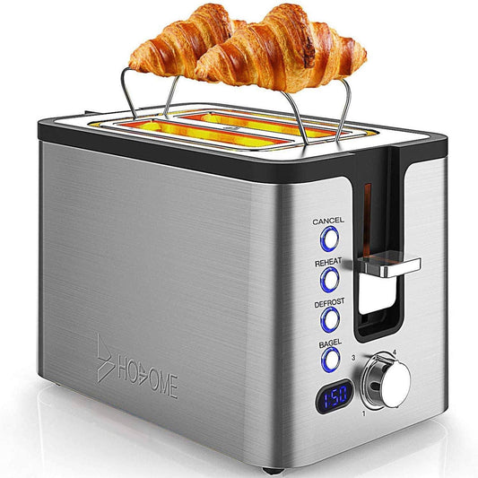 2 Slice Toaster, Hosome Stainless Steel Bread Bagel Toaster Extra Wide Slots Toasters with Warming Rack, 6 Shade Settings, LED Display, Removable