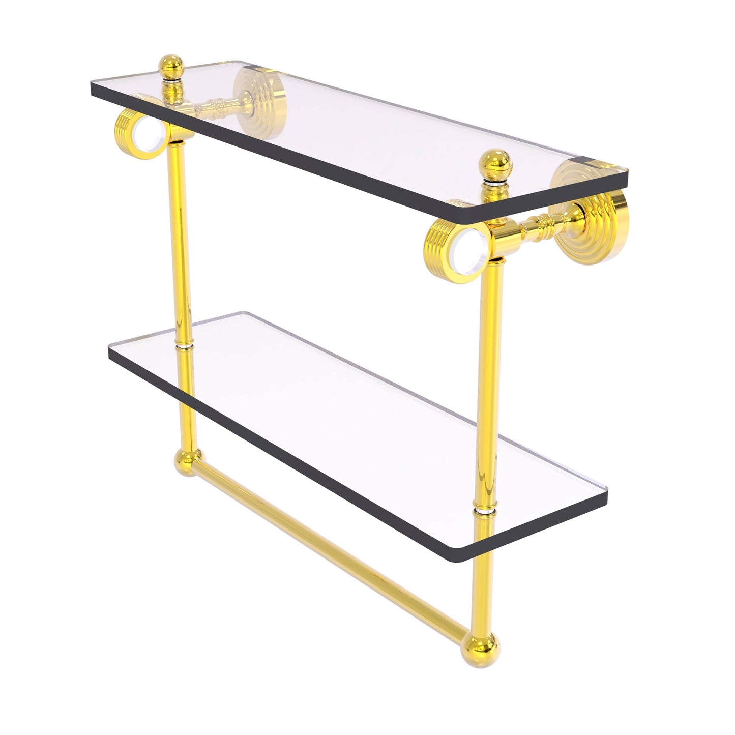 Pacific Grove Collection Double Glass Shelf with Towel Bar with Grooved Accents - Polished Brass / 16 inch