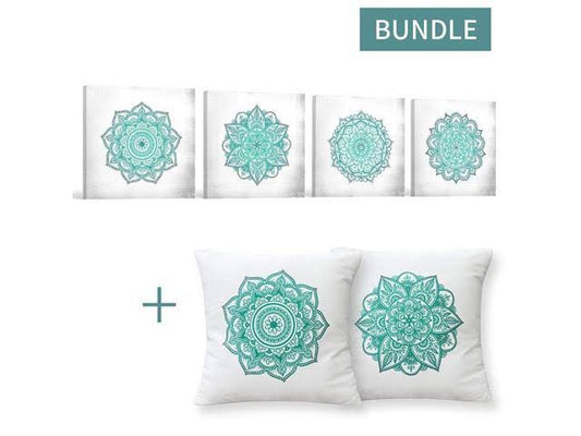 SUMGAR Blue Wall Art Bedroom Boho Decor Mandala Teal Flowers Canvas Paintings and SUMGAR Throw Pillow Covers 18x18 inch Soft Boho Mandala Decorative