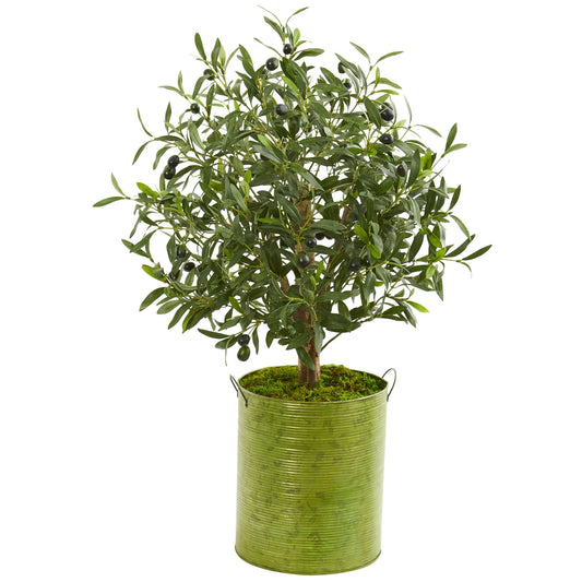 Nearly Natural 33-in. Olive Artificial Tree in Green Metal Planter