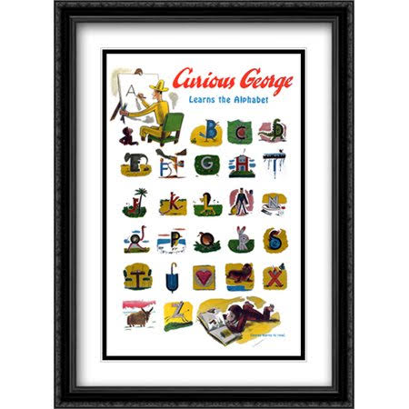 Curious George Learns The Alphabet 2x Matted 28X40 Large Black Ornate Framed Art Print by H. A. Rey