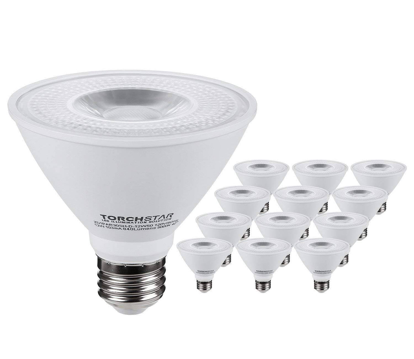 Torchstar Dimmable 12W PAR30S LED Light Bulb, Short Neck Spotlight, 3000K Warm White, High CRI90+, Pack of 12, Size Medium