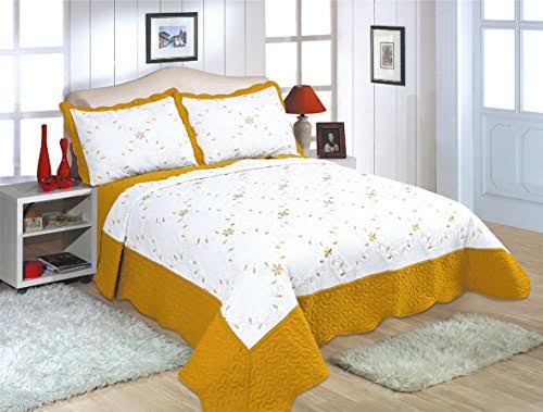 All for You 3-Piece Reversible Bedspread/ Coverlet / Quilt Set with Embroideries - Bordered Design (Gold, King)