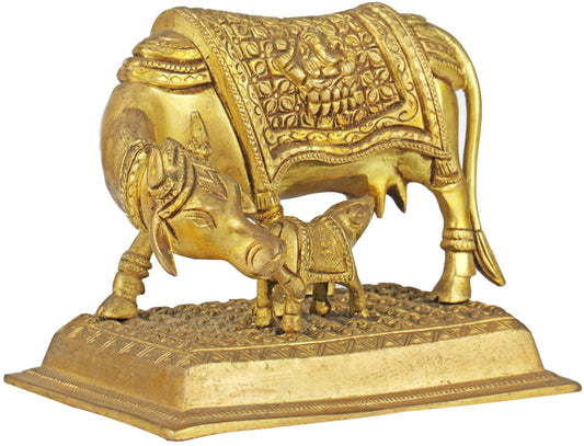 Exotic India Mother Cow with Calf - Brass Statue