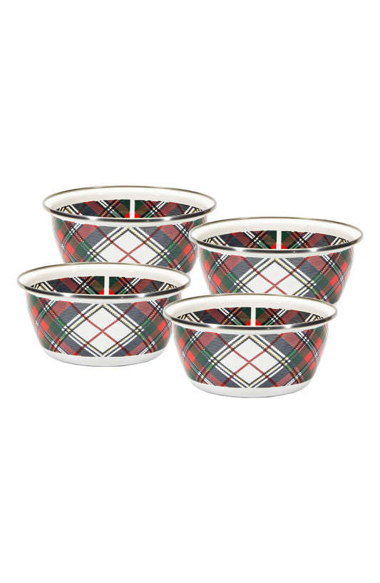 Golden Rabbit Highland Plaid Set of 4 Enameled Salad Bowls White