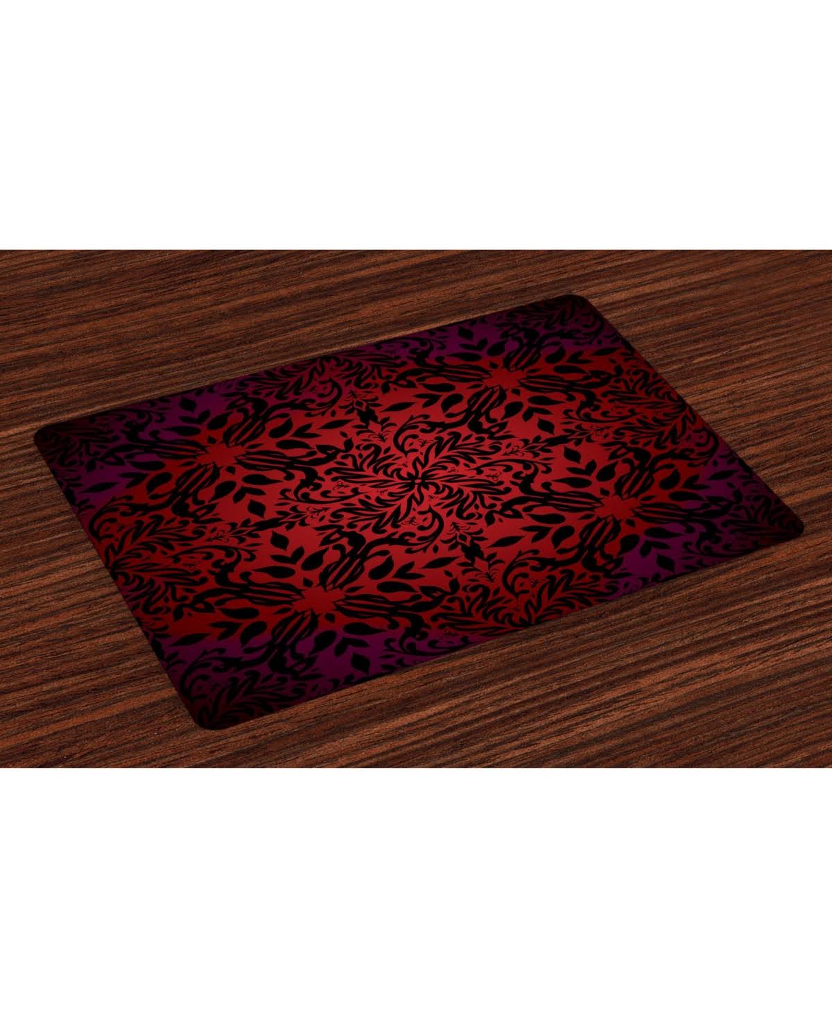 Ambesonne Red and Black Place Mats Set of 4, Mandala Oriental Design Flowers and Leaves Frame Image, Washable Fabric Placemats for Dining Table,