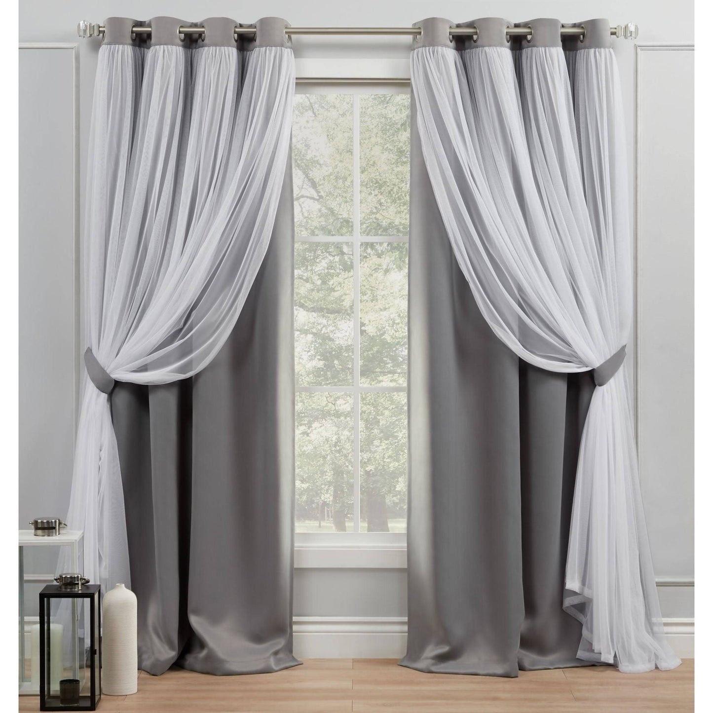 Exclusive Home Curtains Catarina Layered Solid Blackout and Sheer Grommet Top Curtain Panel Pair, 52x84, Soft Grey