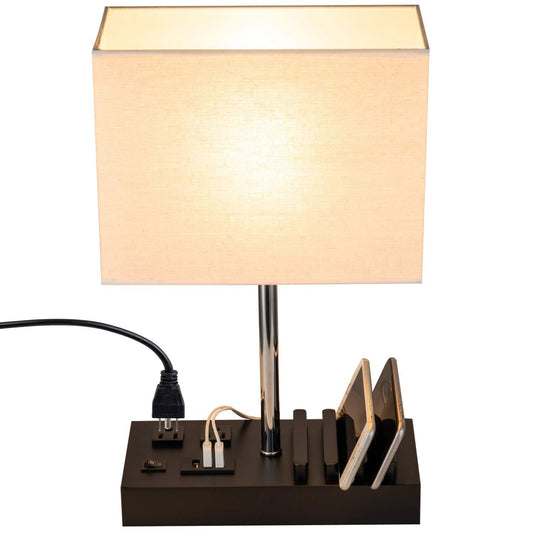 Briever USB Table Lamp, Multi-functional Bedside Desk Lamp with 2 AC Outlets, 3