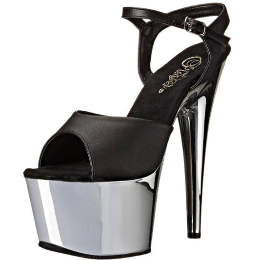 Pleaser - ADORE-709 5 / Black Faux Leather/Silver Chrome