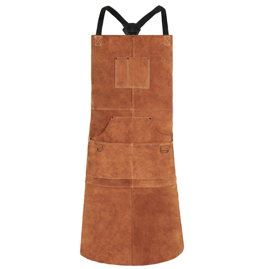 QeeLink Leather Welding Apron with 6 Pockets - Heat Flame-Resistant Heavy Duty Work