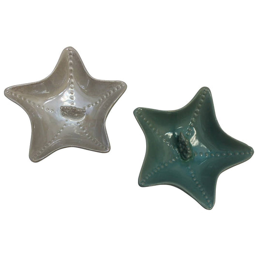 Starfish Shaped Serving Plates Teal and Cream White Ceramic Set of Two