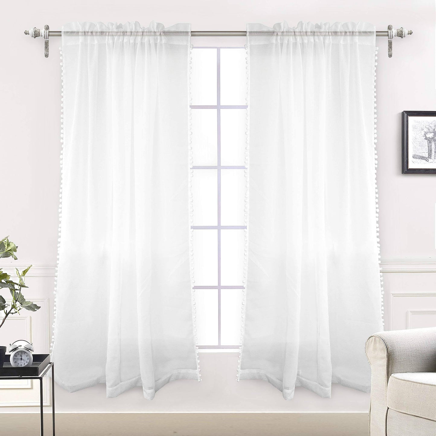 DriftAway Laura Pom Pom Sheer Window Curtain Panel Pair - White - 52 Width x 63 Length