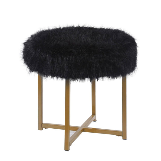 Benzara Round Faux Fur Upholstered Ottoman with x Shape Metal Base, Black and Gold