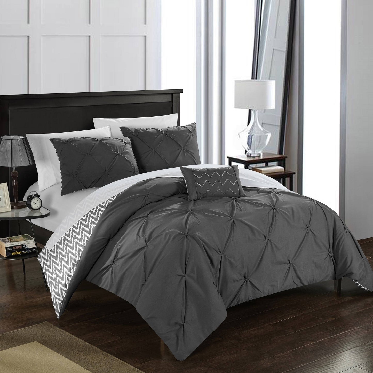 Chic Home Erin 4-Piece Reversible Comforter Set, Full/Queen, Grey