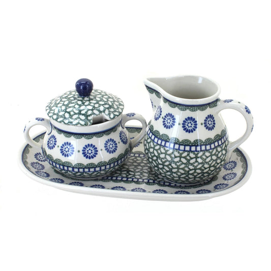 Polish Pottery Maia Large Cream Sugar Set with Tray, Blue