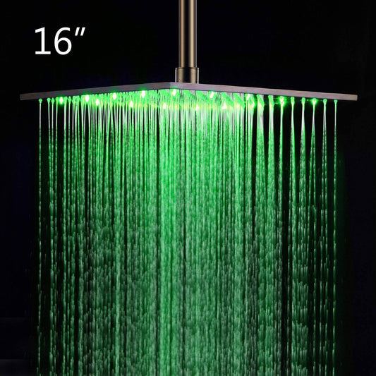 16 inch Ceiling Mount Square Rainfall LED Shower Head, Stainless Steel