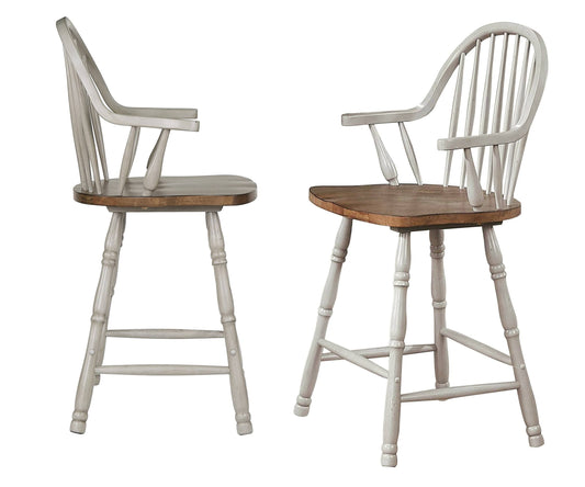 Sunset Trading DLU-CG-B3024A-GO-2 | Country Grove Distressed Light Gray and Medium Walnut 24 Windsor Bar and Counter Stool with Arms - Set of 2