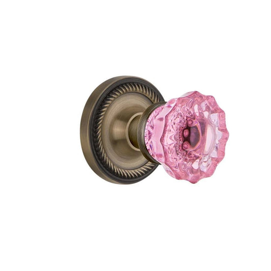 Nostalgic Warehouse 722555 Rope Rosette Single Dummy Crystal Pink Glass Door Knob in Antique Brass