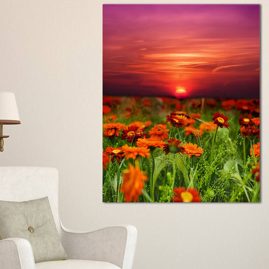 Design Art Sunset Flowers with Red Sky Modern Landscape Photographic Print on Wrapped Canvas