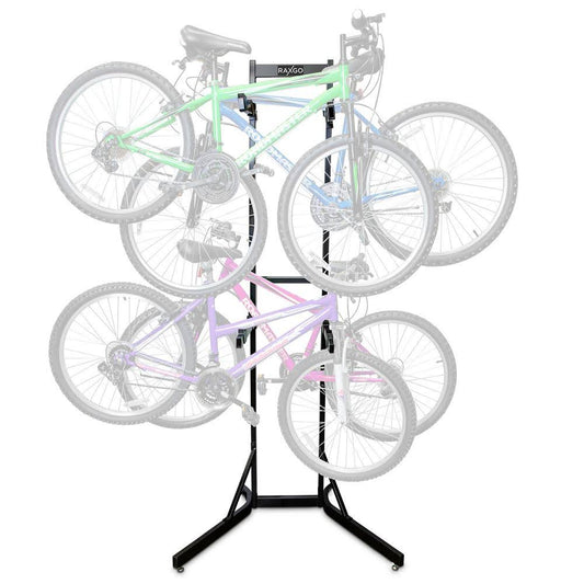 RaxGo Bike Storage Rack, 4 Bicycle Garage Floor Stand, Adjustable, Freestanding, Adjustable Hooks, for Mountain Road Bicycles, Universal for