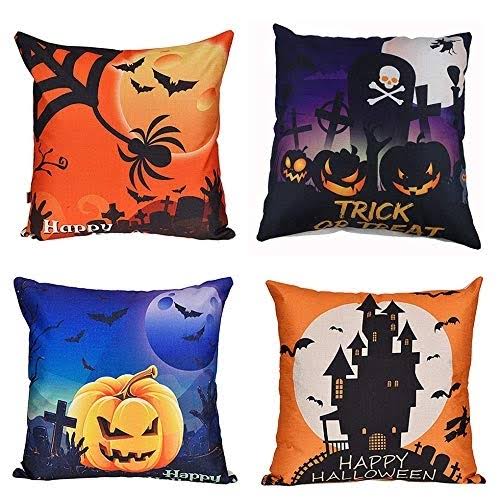 Set of 4 Pillow Cases Happy Halloween Bat Pumpkin Witch Spider Horror