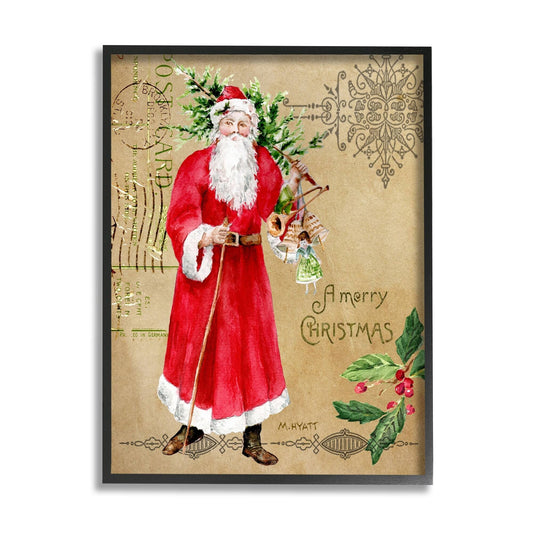 Stupell Industries Vintage Santa Claus Vintage Christmas Postal Design Framed Wall Art - Multi-Color (Black - 16 x 20)