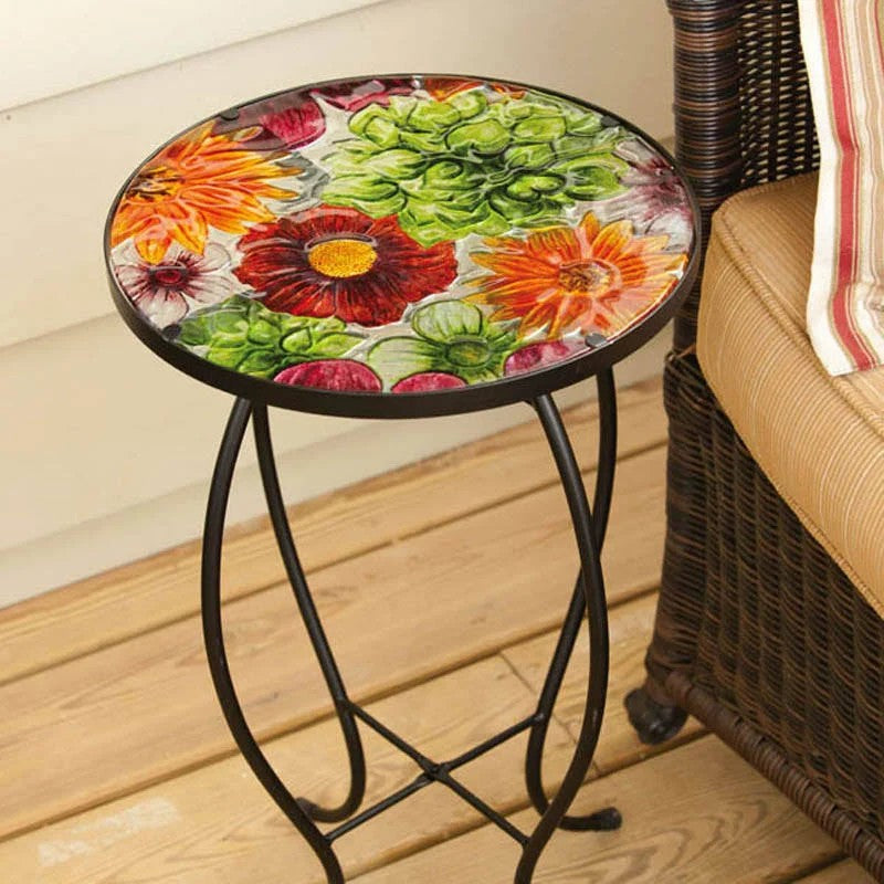 Evergreen Garden Outdoor-Safe Round Summer Splash Glass and Metal Side Table -