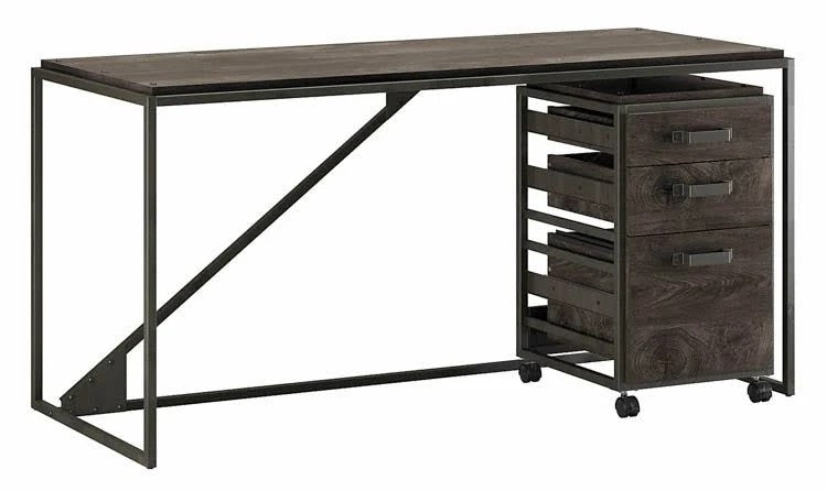 Bush Furniture Refinery - Desk with 3-drawer mobile file cabinet - rectangular - dark gray hickory