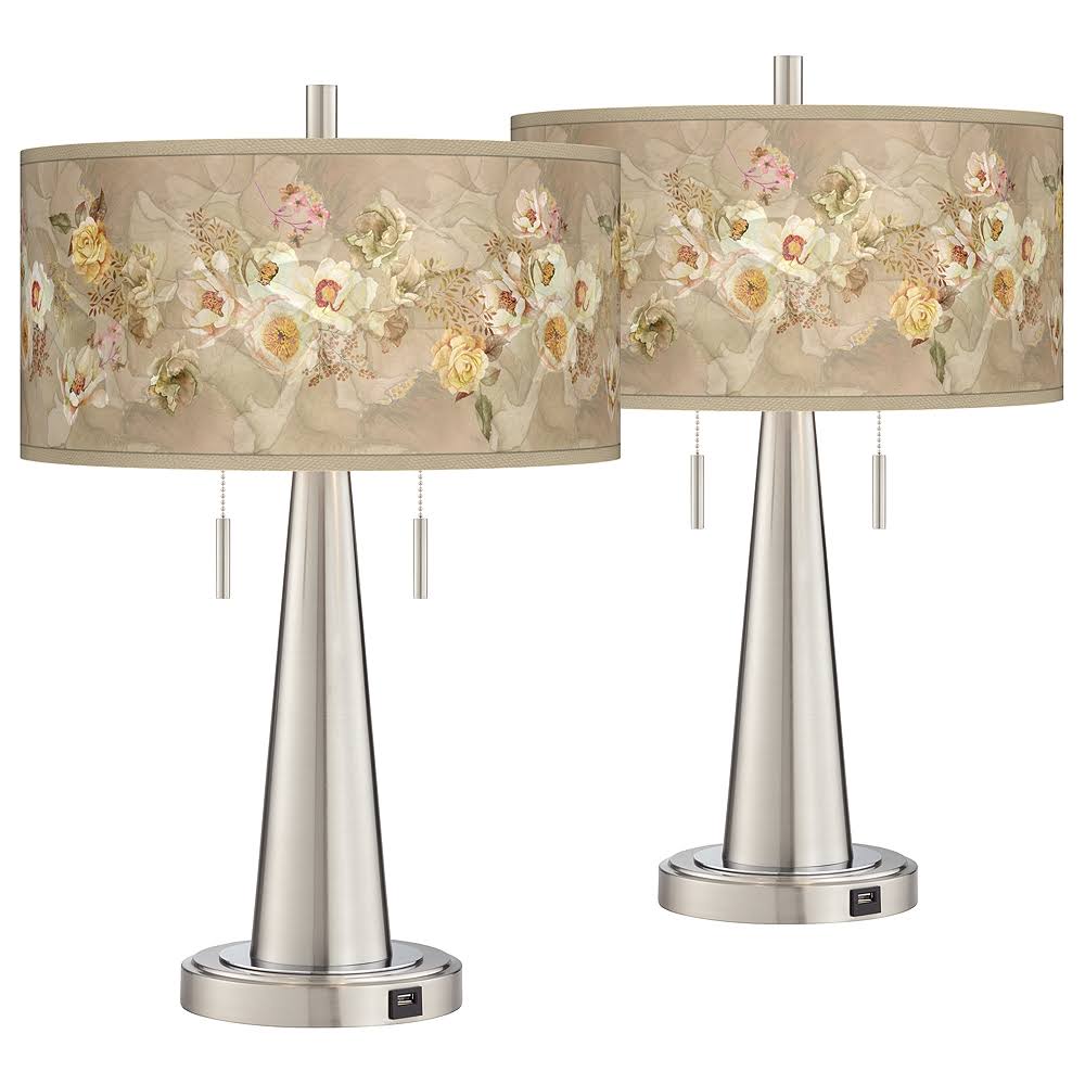 Floral Spray Vicki Brushed Nickel USB Table Lamps Set of 2 91C26