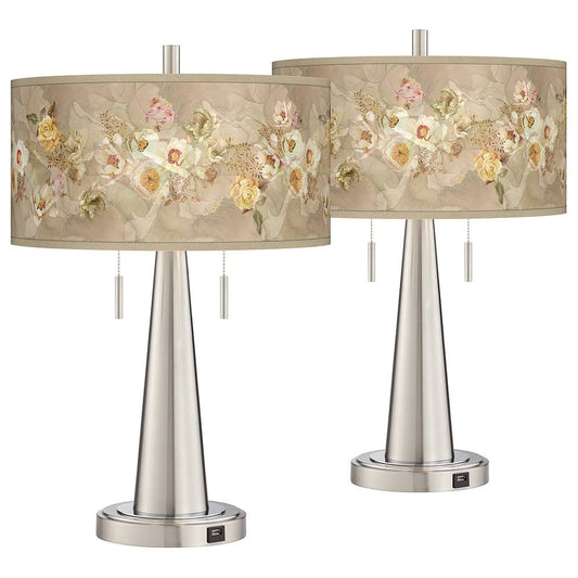 Floral Spray Vicki Brushed Nickel USB Table Lamps Set of 2 91C26