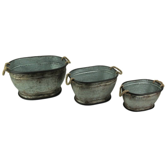 Transpac Set of 3 Rustic Galvanized Metal Finish Oval Planters