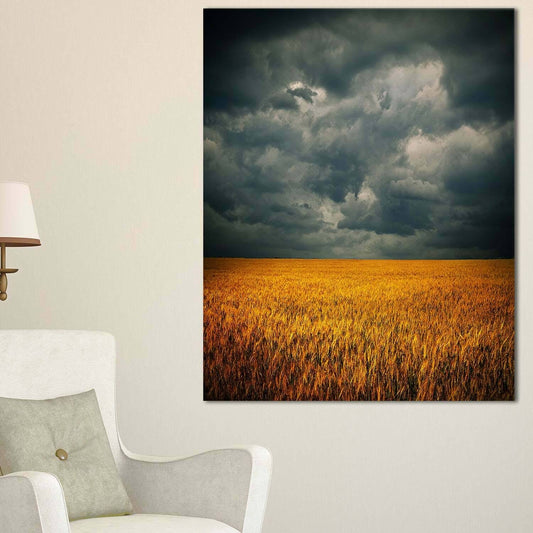 Design Art Stormy Clouds Over Wheat Field - Landscape Artwork Canvas - Black, 16 in. Wide x 32 in. High