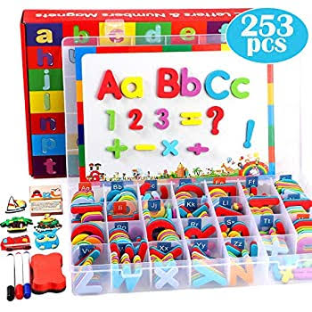 253 Pcs Magnetic Letters Numbers with Magnetic Board and Storage Box Foam Alphabet ABC Refrigerator Magnets Educational Toys for Kids Children