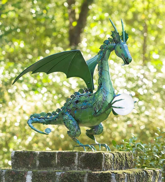 Plow Hearth Green Dragon Statue with Solar Pearl