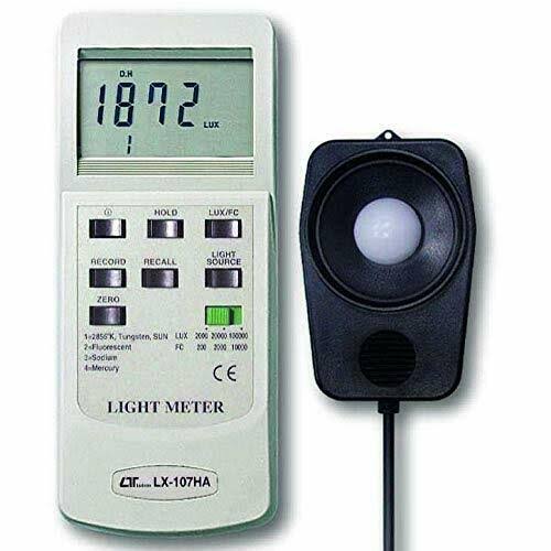 Digital Lux Meter 0 to 100000 Lux, 3 Ranges with 4 Selectable Light Types - Tungsten, Fluorescent, sodium, Mercury - by EX Electronix Express, Gray