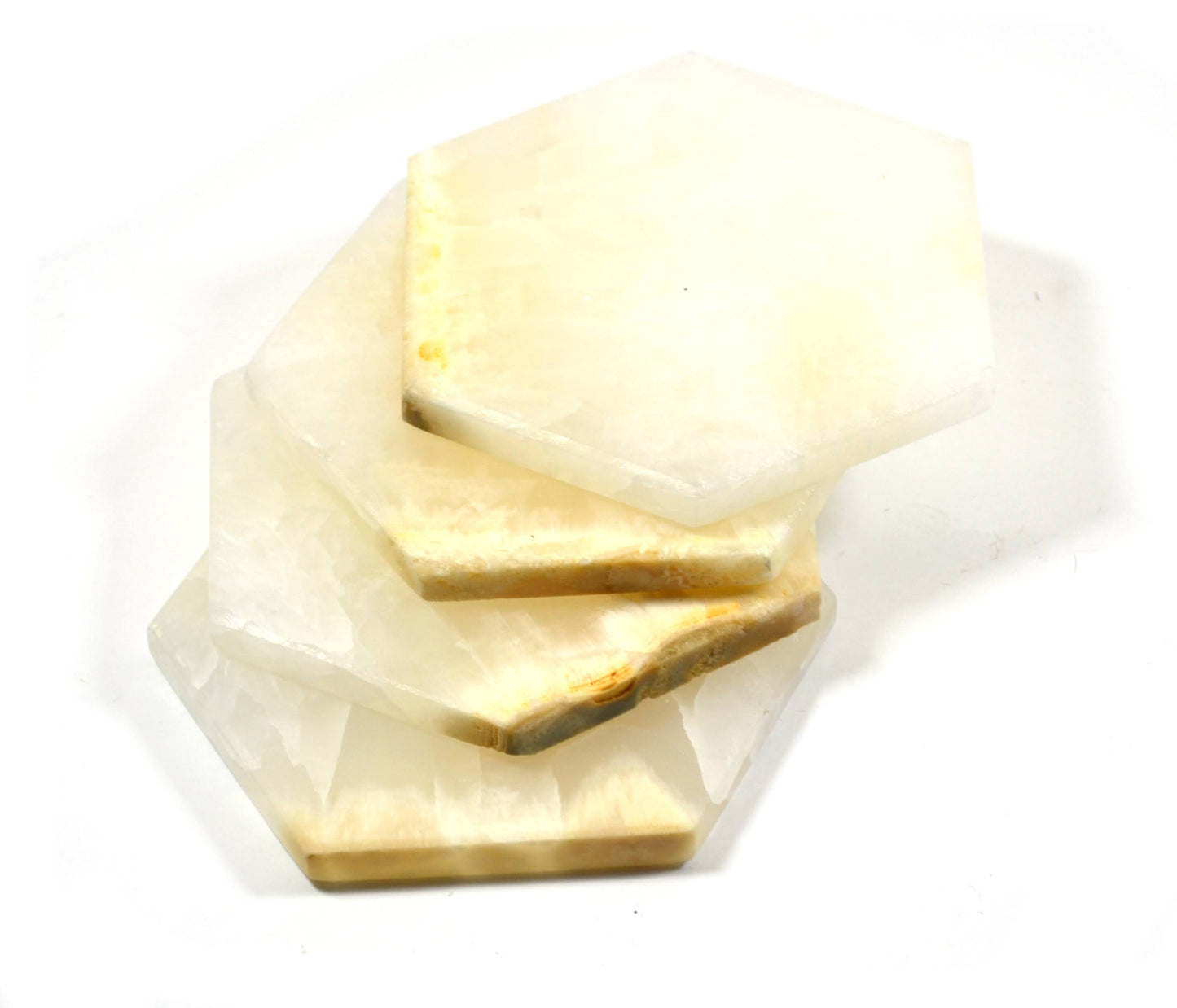 Glacial White Aragonite Stone Coasters, Hexagonal, 4 1/2 Wide - The Artisan Mined Series by Hbar