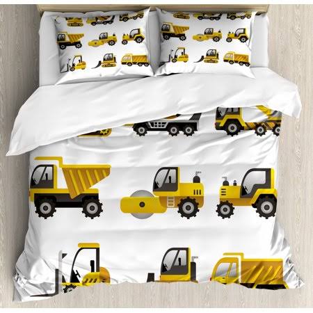 Construction Duvet Cover Set, Big Vehicles Icon Pattern Engineering Building Theme Clip Art Style, Decorative Bedding Set with Pillow Shams, Yellow