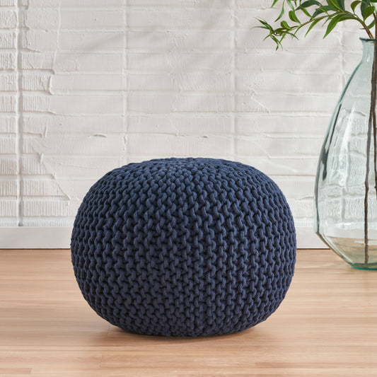 GDF Studio Barwick Modern Knitted Cotton Round Pouf, Navy, Blue