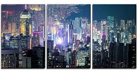 Wall26 - 3 Piece Canvas Wall Art - Abstract Futuristic Night Cityscape with Illuminated Skyscrapers - Modern Home Decor Stretched and Framed Ready to