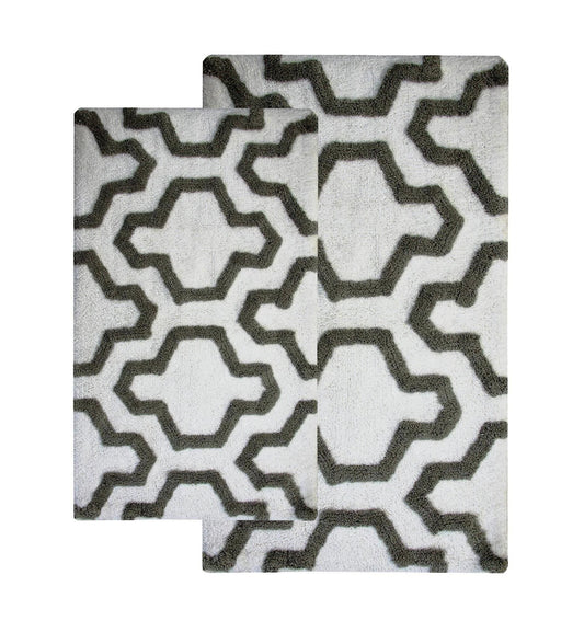 Saffron Fabs 2 Piece Cotton Bath Rug Set; White/Gray