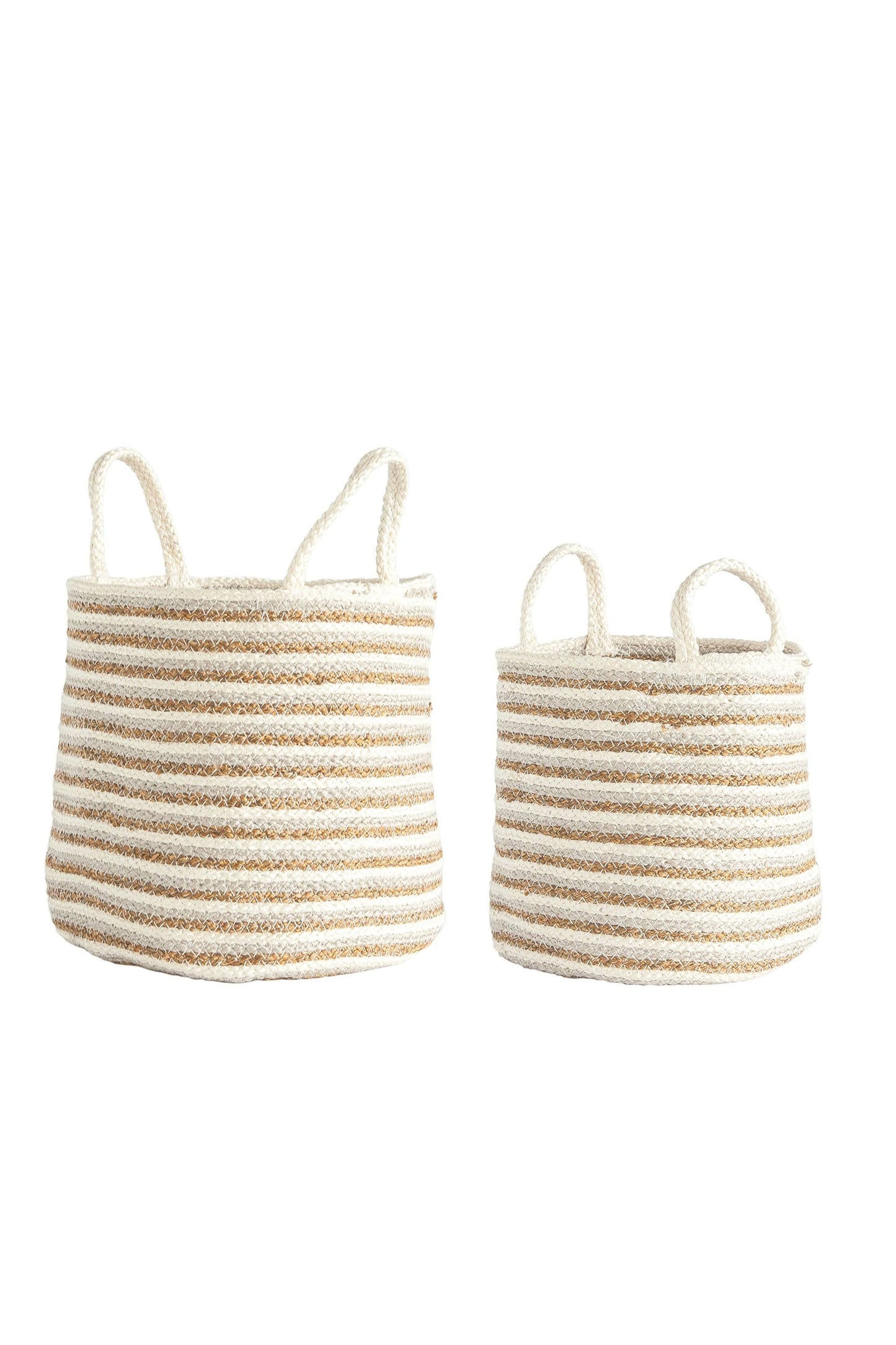 Braided Cotton Jute Baskets with Beige Gold Stripes Handles (Set of 2 Sizes)