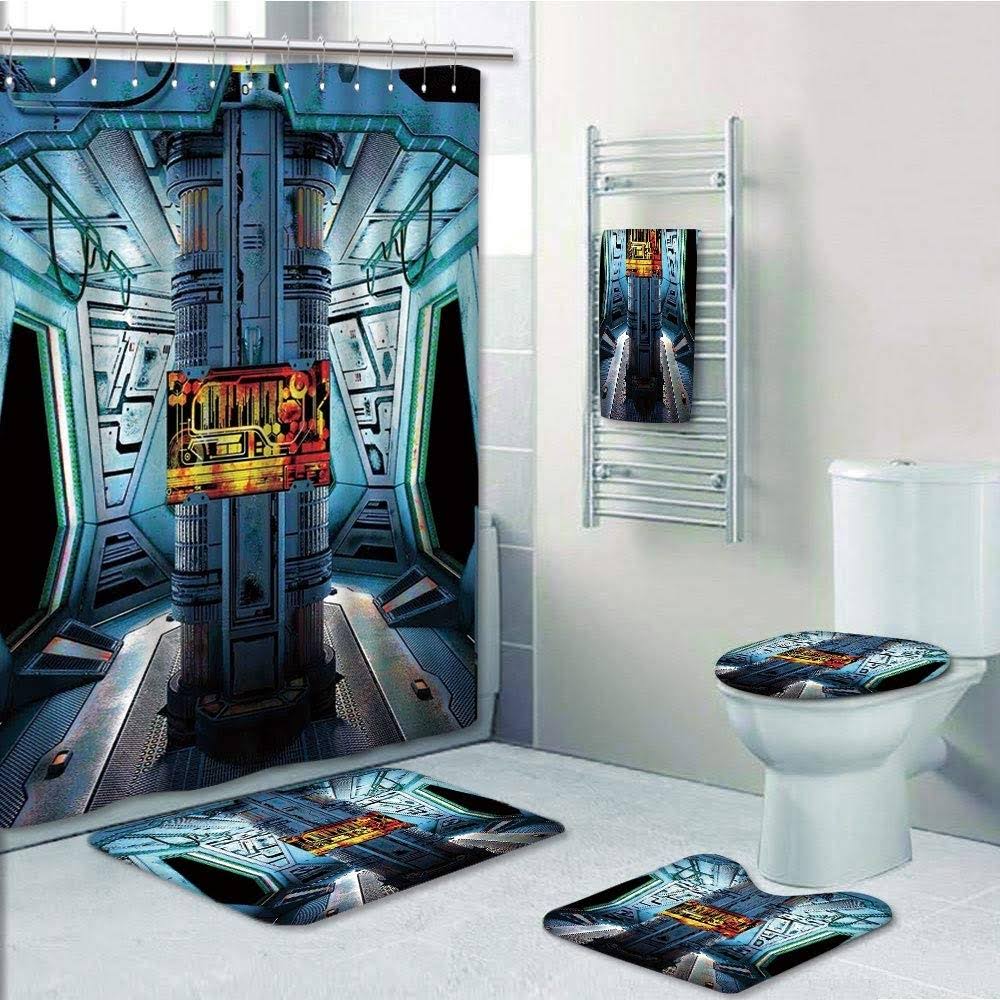 PRTAU Space Ship Station Base Control Room with Technology Elements Features 5 Pcs Bath Curtain Towel Rug Contour Mat Toilet Lid Cover