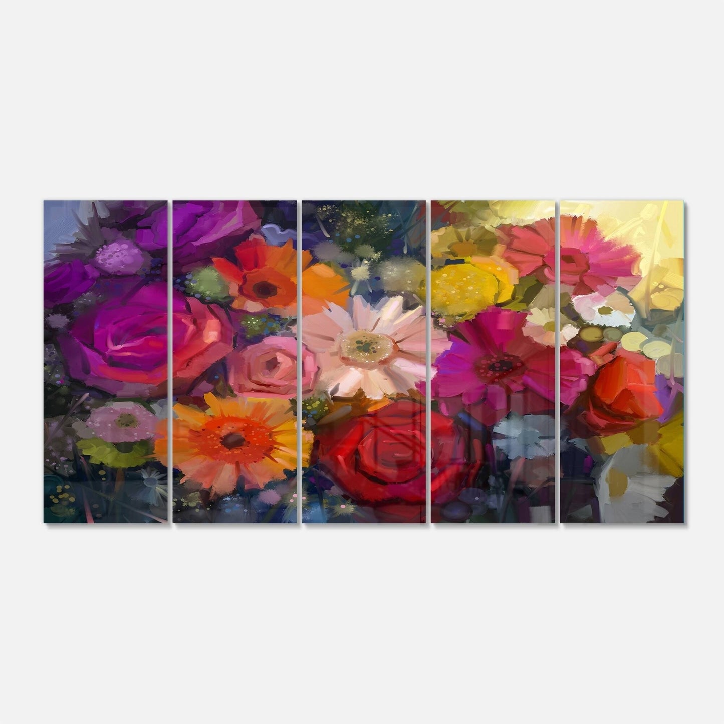 Design Art Bouquet of Rose Daisy and Gerbera 5 Piece Painting Print on Canvas Set, Purple