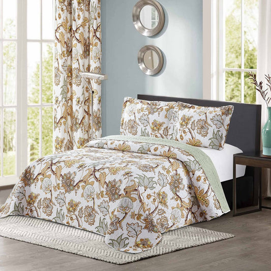 All American Collection New 3PC Printed Modern Floral Bedspread Coverlet Over-Sizes King/Cal King / Yellow