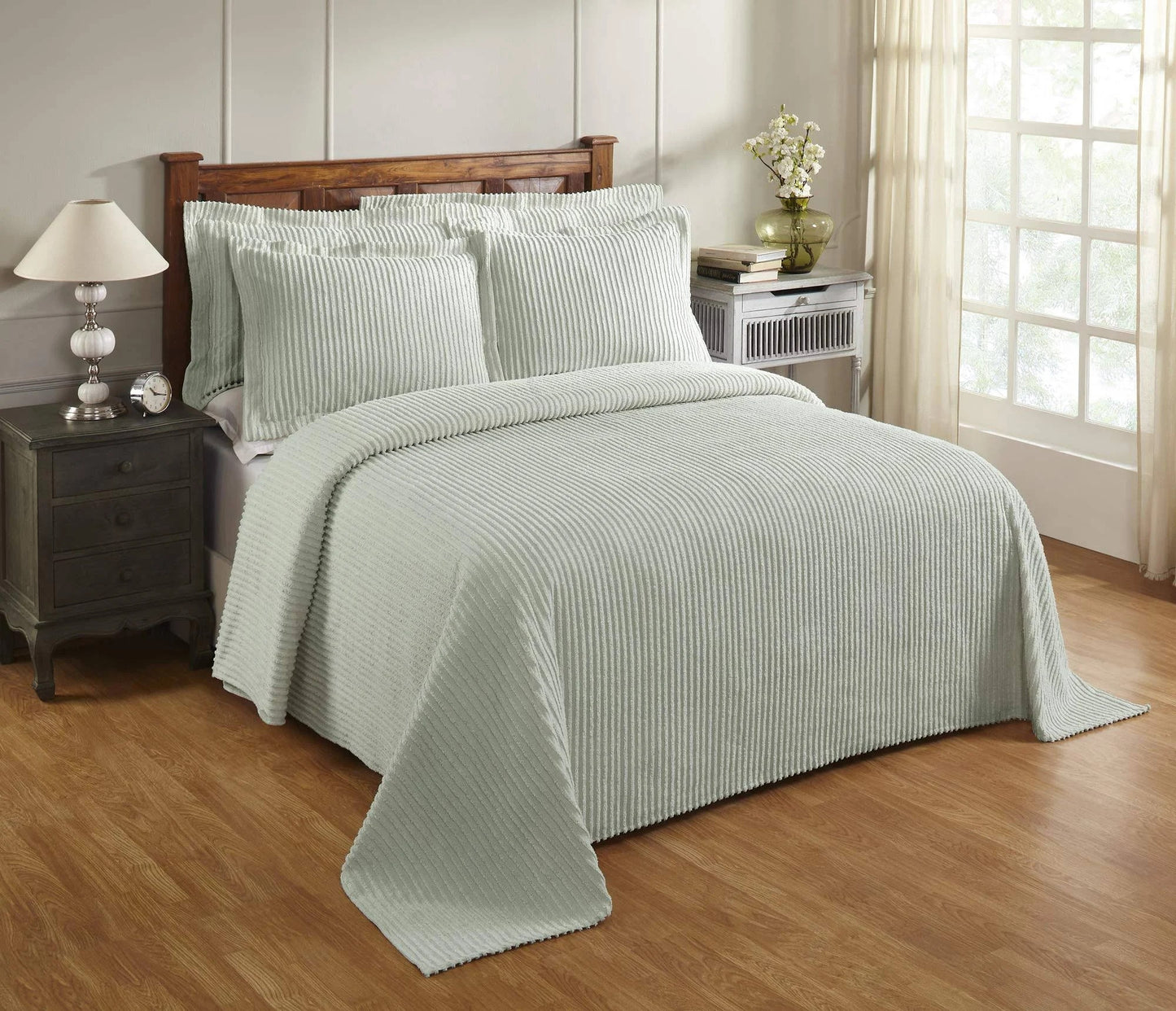 Better Trends Julian Collection in Solid Stripes Design Sage Full/Double 100% Cotton Tufted Chenille Bedspread, Green